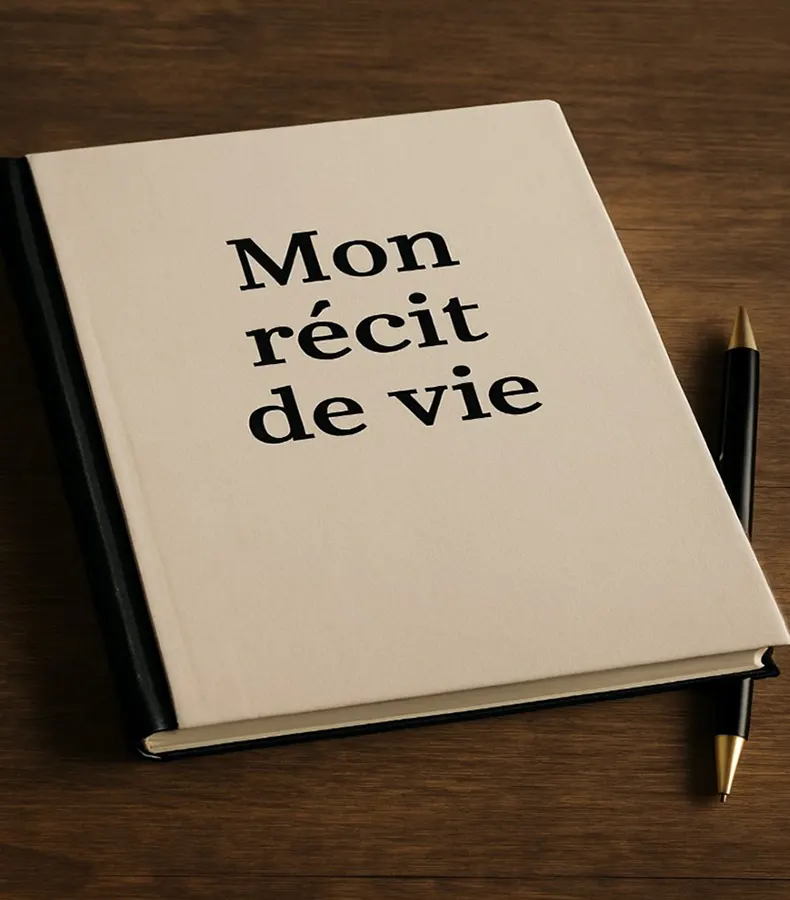 biographie-mon-recit-de-vie-livre-catherine-robin Livre intitulé « Mon récit de vie » posé sur une table, symbolisant une biographie personnelle soigneusement écrite.<br />