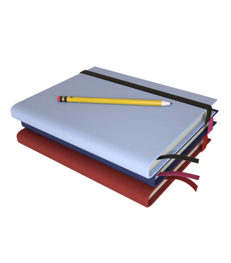 Carnets empilés avec un crayon illustrant la relecture, la correction et la réécriture de textes