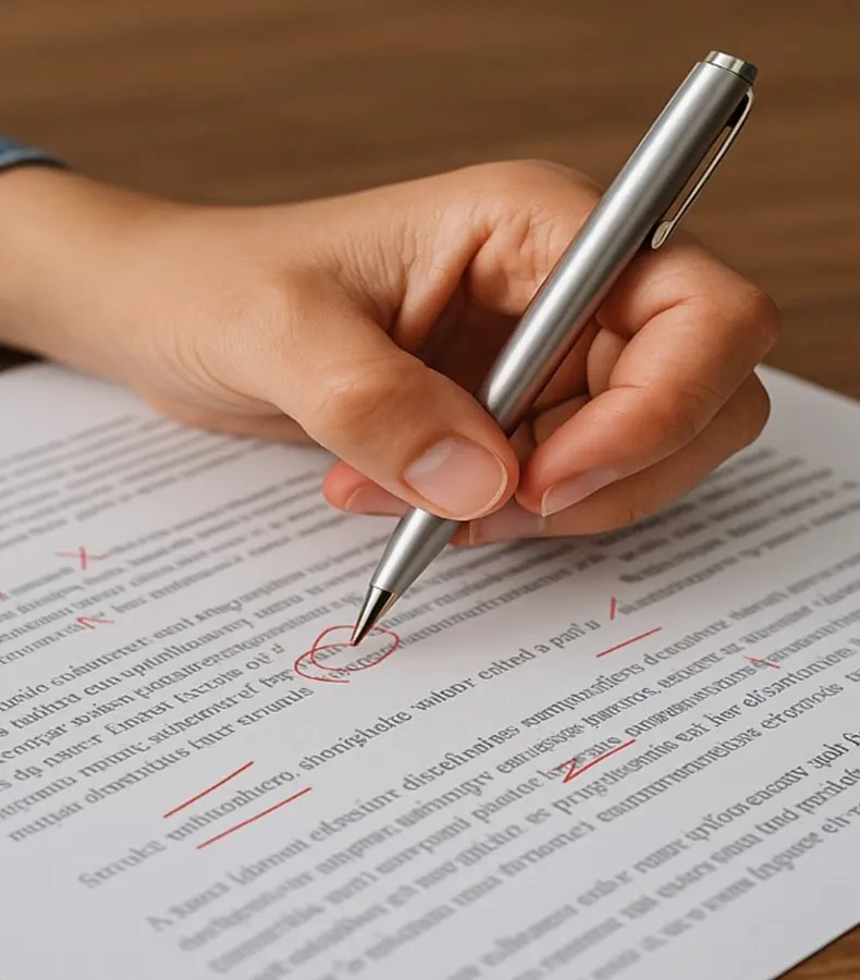 correction-texte-main-stylo-relecture Main corrigeant un texte au stylo avec des annotations rouges, illustrant la relecture et la correction professionnelles