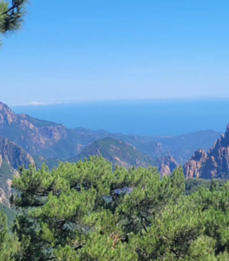 corse-paysage-aiguilles-bavella-recits-voyage-catherine-robin Paysage des aiguilles de Bavella en Corse, entre montagnes et mer, illustrant un récit de voyage personnel.<br />