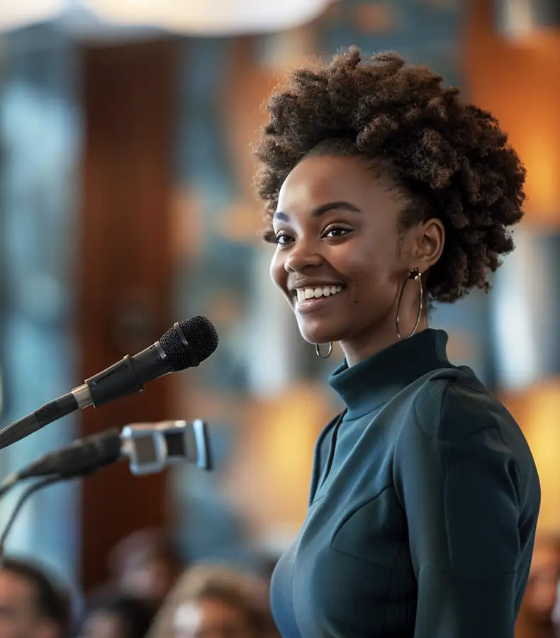 jeune-oratrice-micro-discours Jeune oratrice souriante s’exprimant au micro devant un public